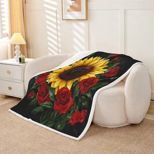 Vista 3 de Manfei Manta de girasol amarillo, manta de cama con rosas rojas para decoración de habitación de niños y niñas, manta floral de hojas verdes