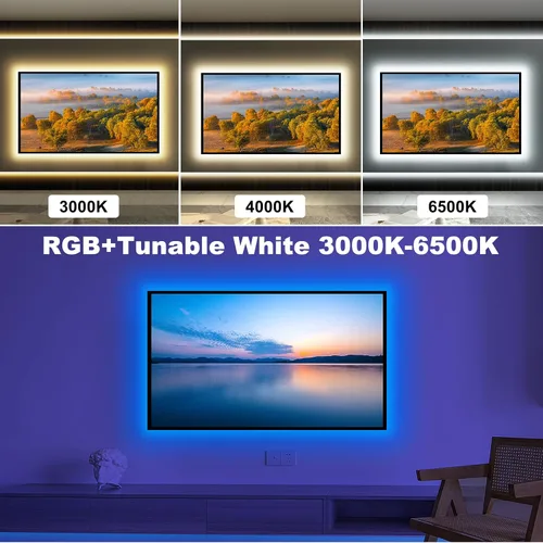 Vista 2 de Tatazone Luces LED Bluetooth RGBWW para TV de 50 a 55 pulgadas con control de aplicación, RGB + retroiluminación blanca sintonizable 3000K-6500K