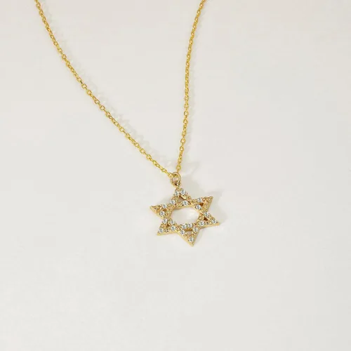 Vista 5 de Collar con diamantes de oro macizo de 14 quilates con estrella de David para mujer, collar con dije de estrella de diamante de oro real de 14