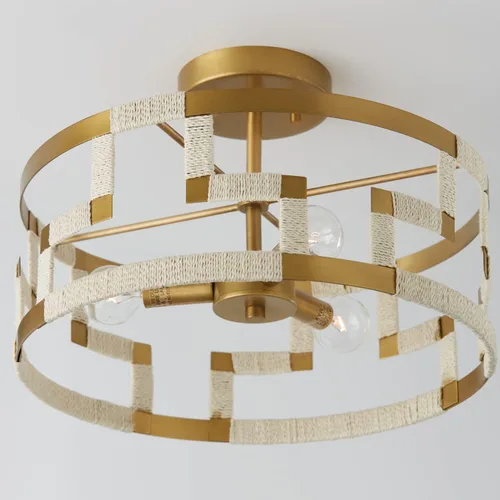 Vista 3 de Capital Lighting 241031NL Hala - Lámpara de techo convertible con tambor de yute natural blanqueado inspirado en llave griega, 3 luces, 180 vatios