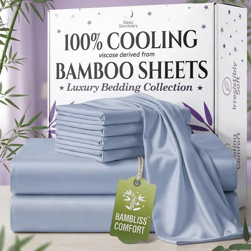 Vista 24 de SLEEP SANCTUARY - Juego de sábanas 100% viscosa derivada de bambú tamaño individual 4 piezas – Sábanas de lujo BamBliss de enfriamiento