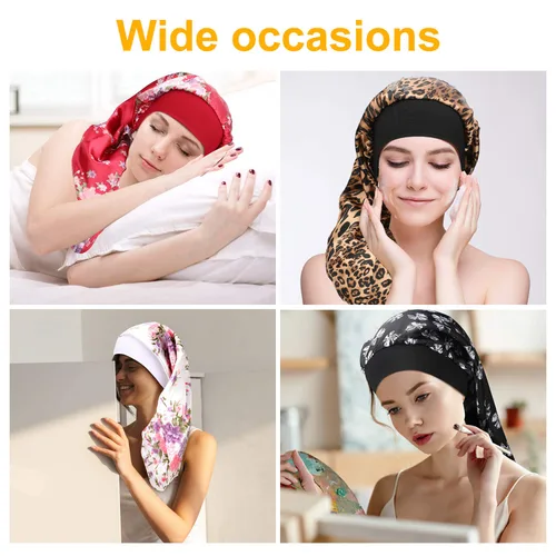 Vista 4 de SATINIOR - Gorro de satén de pelo largo para dormir, estampado (6 unidades) Gorro de trenza extra grande con banda elástica de seda para dormir