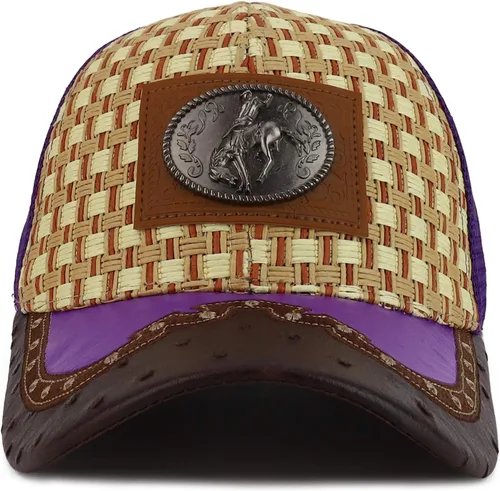 Vista 2 de Trendy Apparel tienda paja diseño metálico Rodeo Cowboy caballo Logo de metal camionero de malla gorra de béisbol