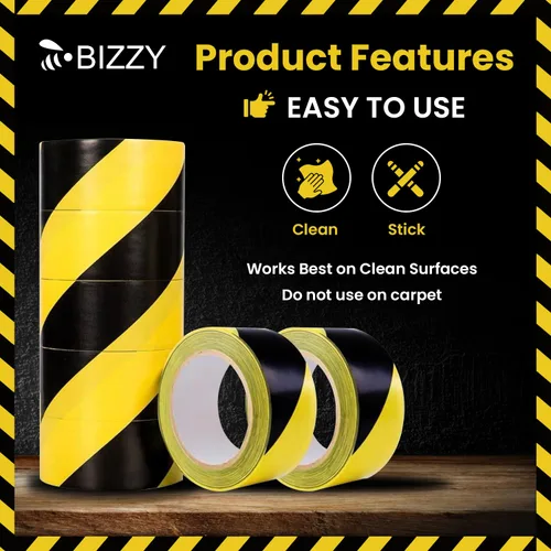 Vista 6 de Bizzy Cinta de seguridad negra y amarilla de 2 pulgadas x 108 pies industrial Cinta de precaución amarilla y negra para piso, cinta de cuidado