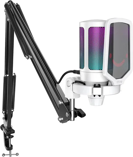 Vista 10 de FIFINE Gaming PC USB Microphone, Podcast Condenser Mic with Boom Arm, Pop Filter, Mute Button for Streaming, Twitch, Online Chat, RGB Computer Mic