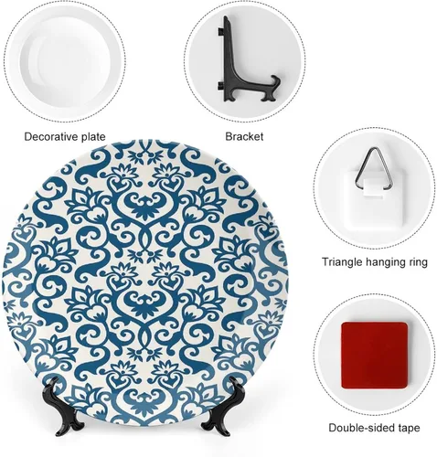 Vista 3 de XISUNYA Plato decorativo de 6 pulgadas, cerámica abstracta, flores ornamentales florales antiguas de damasco, azulejos curvos, impresión artística