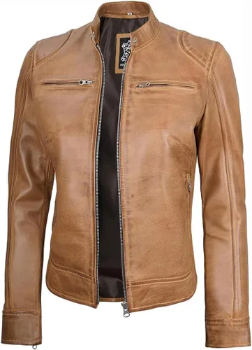 Vista 16 de Decrum Cafe Racer Chaqueta de piel de cordero real estilo motocicleta para Beige