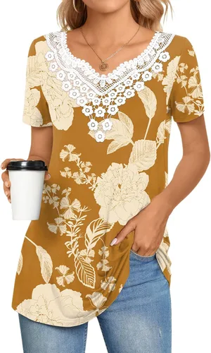 Vista 2 de CATHY Blusa de verano para mujer, manga corta, cuello en V, encaje de ganchillo, informal, plisada