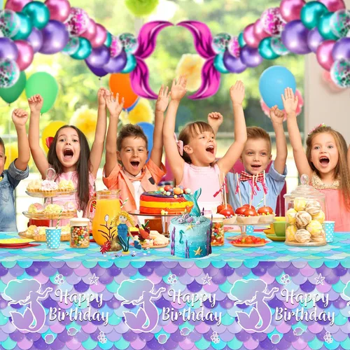Vista 7 de 1 mantel de sirena – Mantel de sirena de feliz cumpleaños, mantel rectangular de plástico desechable con diseño de sirenas para decoración