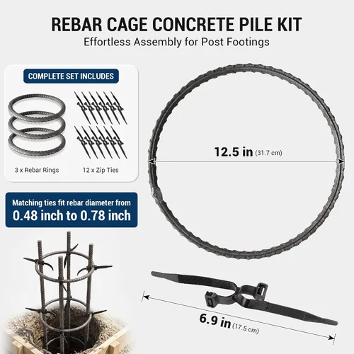 Vista 2 de Single Ring Rebar Form Kit Includes 3 Rebar Rings 12 Rebar Tie Wire 12.5" Heavy-Duty Round Rebar Tying Tool for Columns, Footings & Foundations