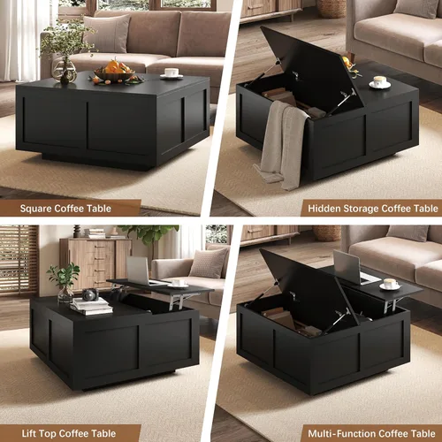 Vista 3 de HedoAjim Mesa de centro elevable con almacenamiento, mesa de centro cuadrada negra de 31.5 pulgadas con gran almacenamiento oculto, mesa central