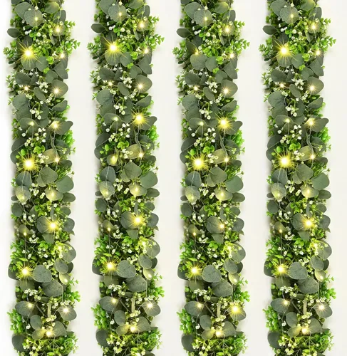 Vista 17 de Waipfaru 2 guirnaldas de eucalipto con margaritas 3D, guirnalda verde con flores, hojas de eucalipto artificiales de 5.9 pies, enredaderas