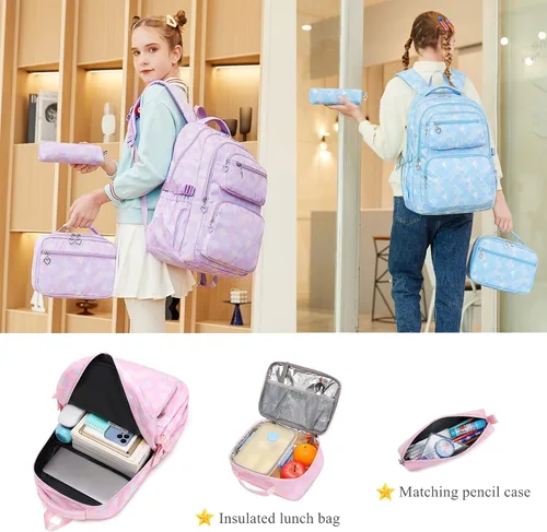 Vista 2 de Juego de 3 mochilas para niñas con bolsa de almuerzo a juego, mochila escolar para niñas