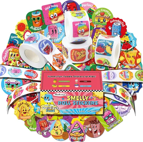 Vista 13 de HORIECHALY 3 Rollos de Calcomanías para Raspar y Oler para Niños, 600 Piezas de Calcomanías con Aroma, Calcomanías de Recompensa para Niños