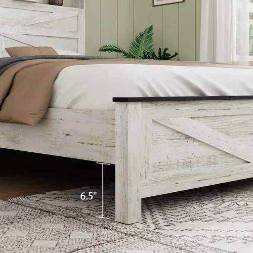 Vista 6 de Base de cama de madera de pino con estante de cabecera de carga de luces, cama de plataforma de tamaño matrimonial, color blanco rústico y gris, sin