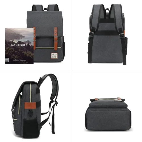 Vista 4 de Mancio Mochila vintage delgada para laptop para mujeres y hombres, bolsa universitaria de negocios resistente a desgarros con puerto de carga USB