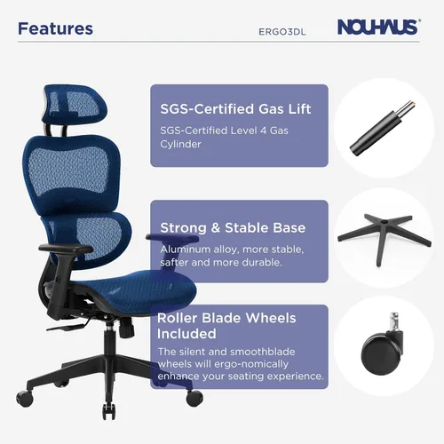 Vista 5 de Nouhaus Ergo3D Sillas de escritorio para oficina en casa ergonómicas Silla de oficina de respaldo alto de malla con ruedas y reposacabezas