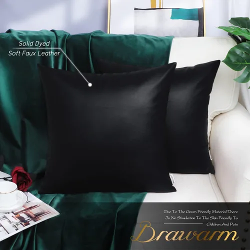 Vista 2 de BRAWARM Fundas de almohada de cuero sintético de 16 x 16 pulgadas - Juego de 2 fundas de almohada de cuero negro, fundas de almohada de cuero teñido