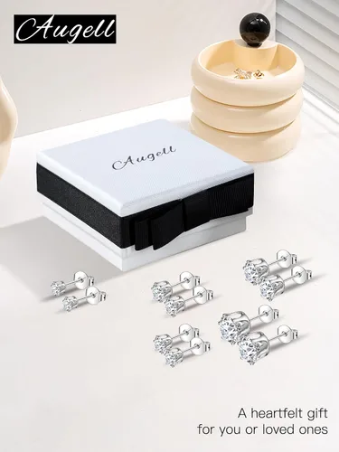 Vista 6 de Juego de 5 pares de aretes de plata de ley 925, hipoalergénicos, de oro de 18 quilates, circonita cúbica para mujeres y hombres, regalo brillante