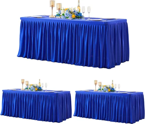 Vista 9 de Manteles de poliéster negro para mesas rectangulares de 4 pies, cubierta de mesa ajustada sin arrugas con falda de mesa plisada con volantes