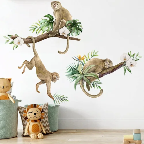 Vista 4 de Mfault Pegatinas de pared de árbol trepador de mono, animales de la selva