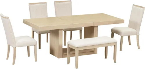 Vista 6 de Merax Juego de mesa de comedor extensible de 78 pulgadas con hojas extraíbles de 18 pulgadas, juego de mesa de comedor de madera de 6 piezas con 4
