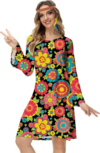 Vista 5 de Deerose Disfraz hippie de los años 70 para mujer, vestido retro Go Go Groovy