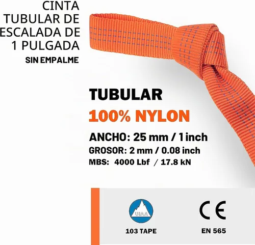 Vista 2 de GM CLIMBING - Cinta de correa tubular de nailon de 1 pulgada, certificada CE, UIAA, 4000 lb de alta resistencia para cuerda de rescate de escalada