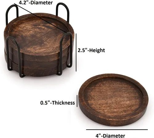 Vista 5 de SAMHITA Juego de 5 posavasos de madera de mango para bebidas con soporte de hierro, para vasos de bebida, protección de mesa para cualquier