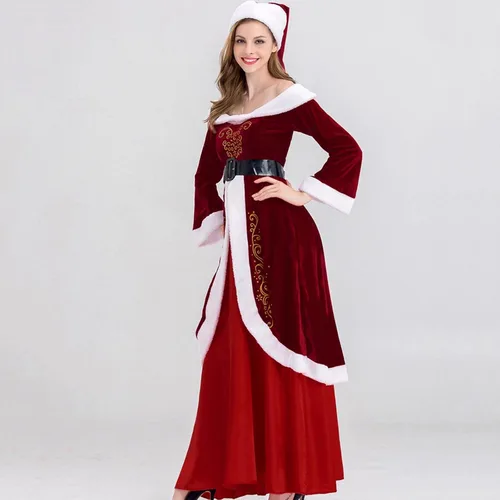 Vista 8 de Disfraz de Sra. Claus para mujer, 3 piezas, disfraces de Papá Noel, vestidos de terciopelo con hombros descubiertos, vestidos de fiesta de máscaras