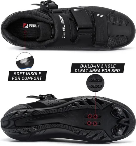 Vista 2 de FENLERN Zapatos de ciclismo para hombre, zapatos de bicicleta de montaña MTB con hebilla de trinquete rápida, para montar en interiores