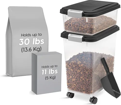 Vista 2 de IRIS USA Contenedor hermético de almacenamiento de comida para perros combinado de 30 libras y 11 libras, caja apilable para premios, cuchara de 2