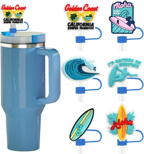 Vista 8 de 6 piezas de cubiertas de popote de béisbol para vasos Stanley – Lindas tapas reutilizables de silicona de 10 mm para vasos de 30 oz/40 oz con asa