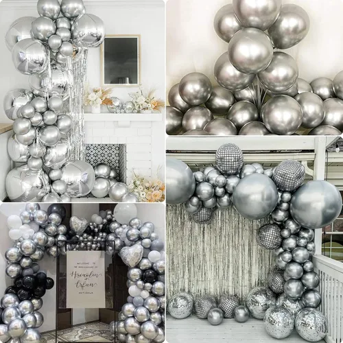 Vista 4 de Globos metálicos plateados de diferentes tamaños, 105 piezas de guirnalda de globos plateados cromados de 18, 12, 10 y 5 pulgadas, globos metálicos