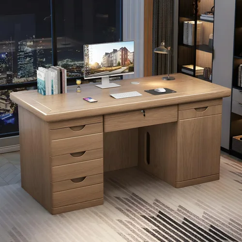 Vista 6 de Escritorio de oficina de madera, moderno de mediados de siglo con forma rectangular con gestión de cables, archivador y cajones