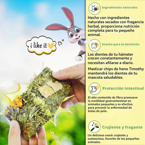 Vista 6 de Hamiledyi Juguetes masticables de conejo, 15 piezas de chips de heno Timothy naturales para masticar, juguetes de enriquecimiento con aroma floral a