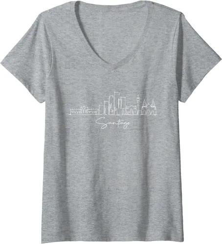 Vista 7 de Camiseta con cuello en V City Skyline Santiago Chile para mujer, Negro