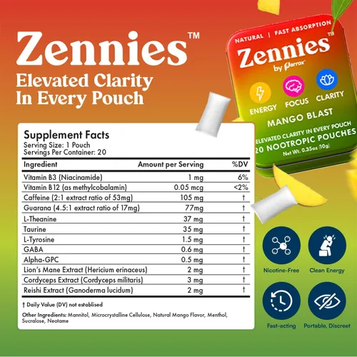 Vista 3 de Zennies - Bolsas nootrópicas de cafeína con Alpha GPC, L-tirosina y L-teanina, melena de león, Cordyceps, Reishi, sin nicotina, sin azúcar ni