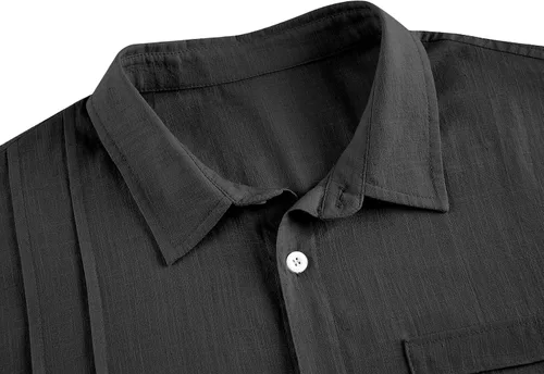Vista 3 de Ryannology Camisas guayabera de lino de manga corta con botones para hombre, estilo casual, playa, campamento cubano, camisa mexicana para hombre