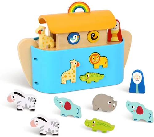 Vista 7 de TOOKYLAND - Juguetes del Arca de Noé para niños pequeños, juguetes clasificadores de forma de animales de madera, regalos de bautismo para niños