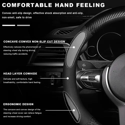 Vista 3 de Funda transpirable para volante de automóvil, fibra de carbono, resistente al desgaste, protector de volante en forma de D para un agarre cómodo