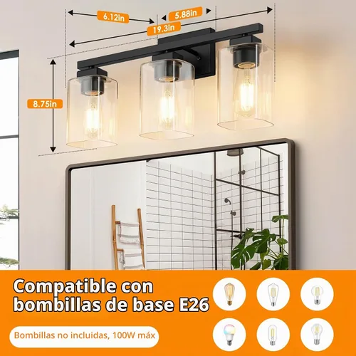 Vista 4 de BesLowe Lámpara de baño de 3 luces de 19 pulgadas, moderna lámpara de tocador negra, accesorios de iluminación de baño sobre espejo, lámpara
