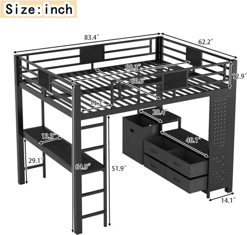 Vista 2 de Cama alta de metal tamaño Queen con escritorio, cajones de almacenamiento y poste de tendedero, marco de cama alta resistente con tablero de Negro