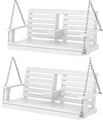 Vista 15 de KINGYES Columpio colgante para porche al aire libre, silla de patio de 2 asientos con portavasos, banco impermeable para patio y jardín, capacidad