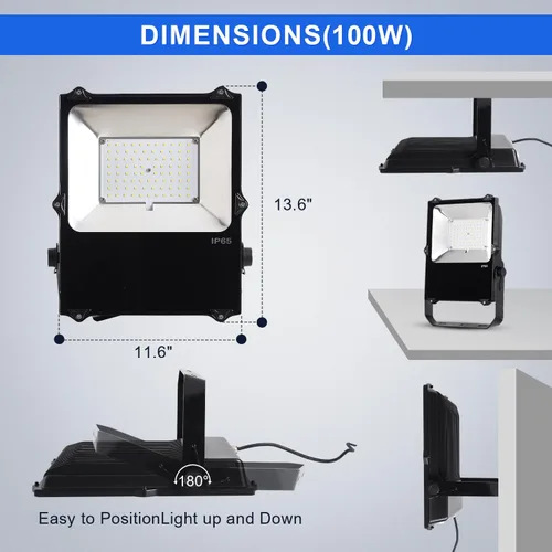 Vista 6 de Luz de inundación LED de 100 W, 13000 lm 5000 K luz diurna súper brillante LED para exteriores, luz de inundación impermeable IP65, certificado ETL