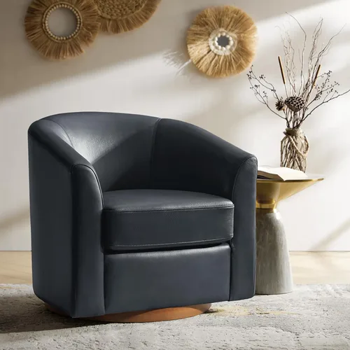 Vista 12 de HULALA HOME Silla giratoria de cuero genuino con base de madera maciza Beige