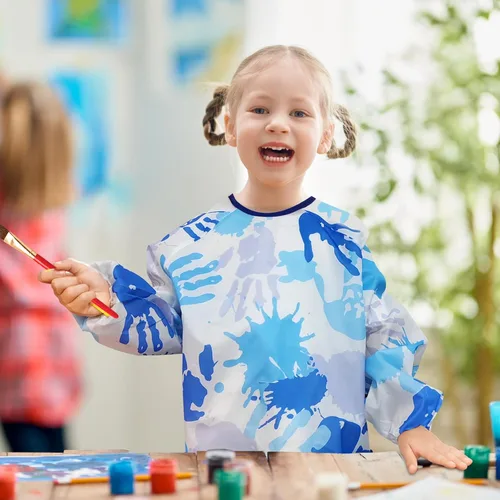 Vista 5 de 2 piezas de delantal de arte para niños, delantal de pintura para niños pequeños de manga larga con 3 bolsillos para actividades de pintura