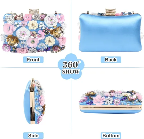 Vista 2 de Bolsos de noche florales para mujer, bolsos de mano con diamantes de imitación coloridos, bolso floral para novia, boda, bolso de hombro con cadena