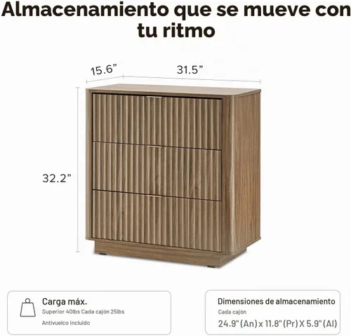 Vista 2 de mopio Brooklyn – Cómoda de 3 cajones para dormitorio, cómoda organizadora de madera, estilo granja moderna, mesita de noche alta, seguridad Nogal