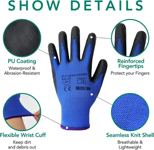Vista 2 de Guantes de trabajo con revestimiento de poliuretano, 12 pares, guantes de jardín finos para hombres y mujeres, ideales para trabajo ligero